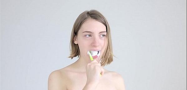  Slutty girl gets mouthfucked with a toothbrush